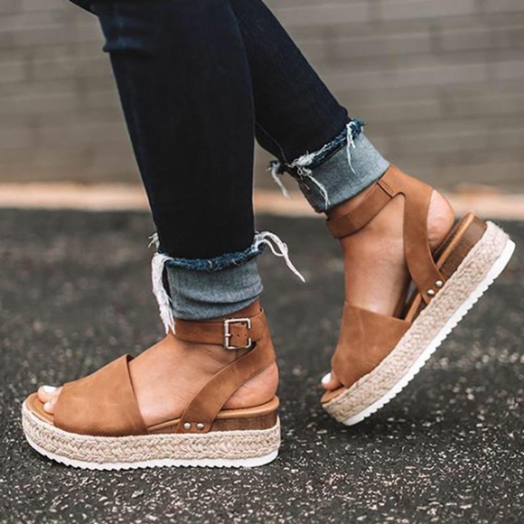 Shoes - Vegan Leather Tan Ankle Buckle Espadrille Wedge